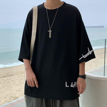 Fashion Solid Color Printed Asymmetrical T-Shirt Men Clothing  Spring New Oversized Casual Pullovers Loose Korean Tee Shirt